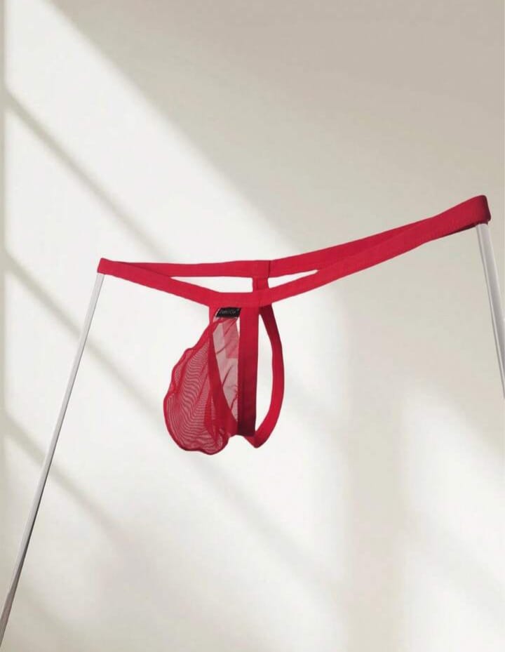 Men's Lingerie White & Red Elastic Mesh Thong